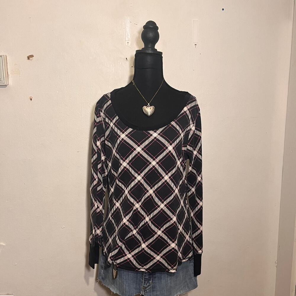 Y2K McBling Victoria's Secret black + pink plaid long sleeve top Size M